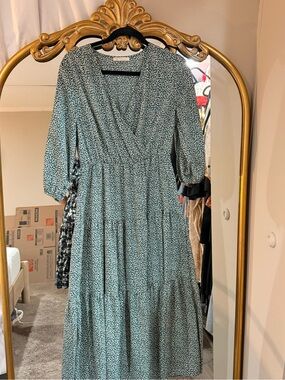 Smocked Waist Midi Wrap Dress in Green Ditsy